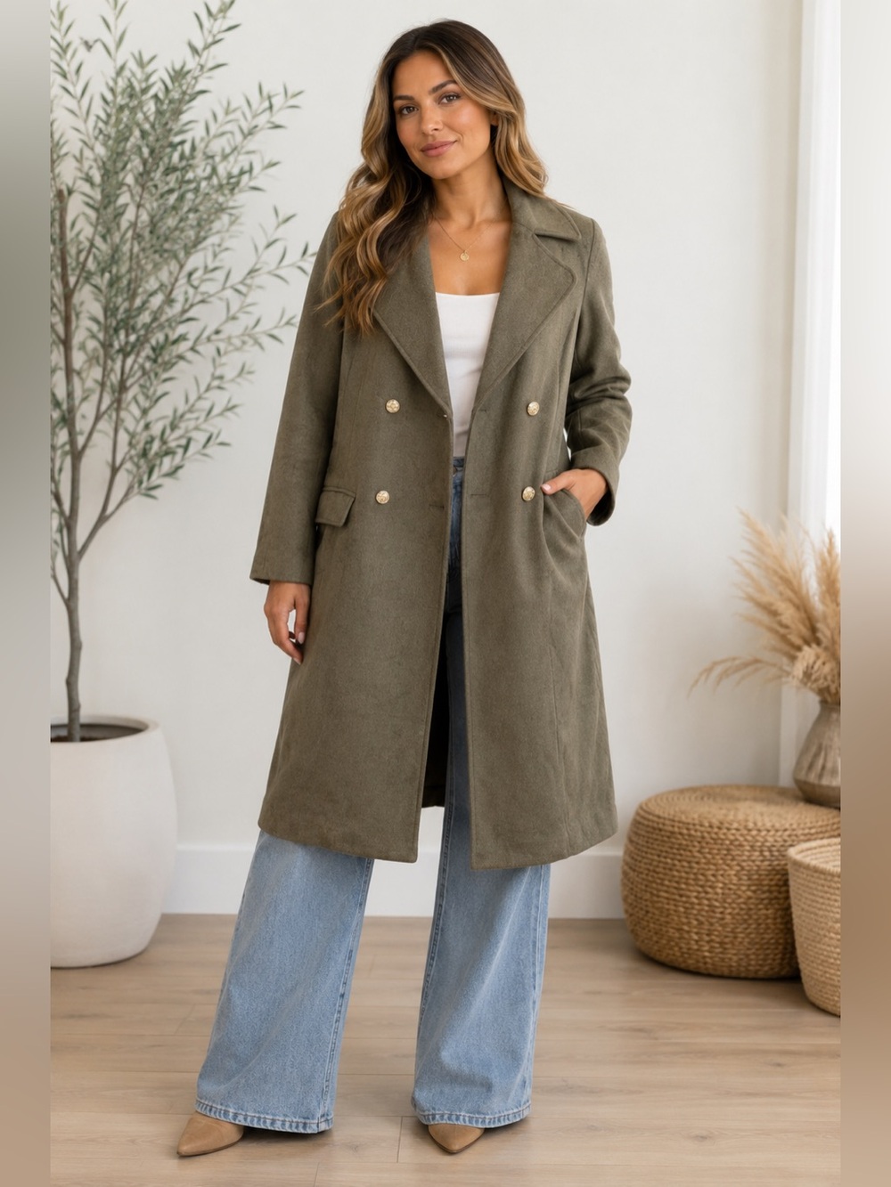 Grace Karin Olive Green Double-Breasted Long Pea Coat NWT Women's Size Large